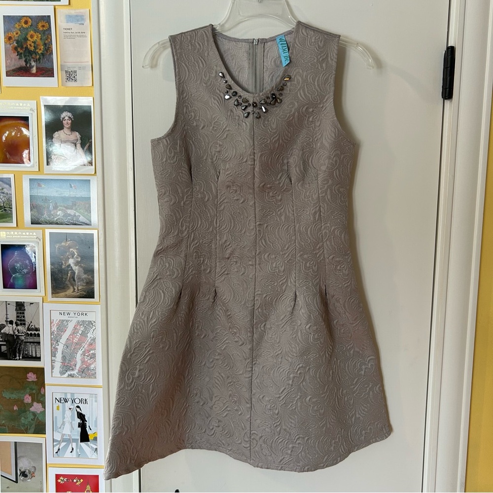 taupe/grey/cream cinched waist formal mini dress with stone embellishments